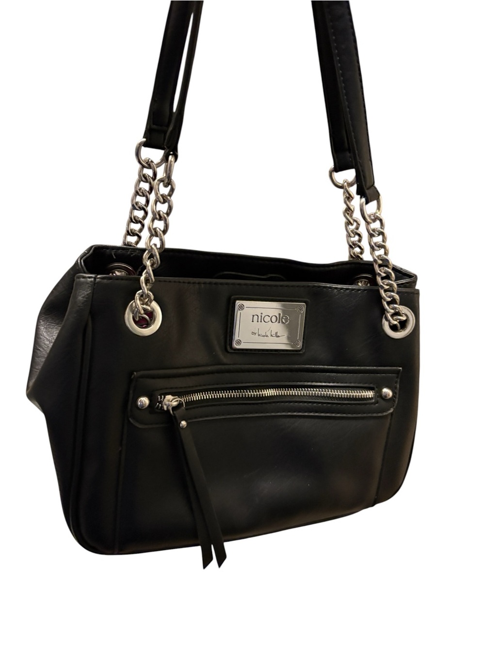 Nicole Miller Black Leather Shoulder Bag with Silver Chain Straps